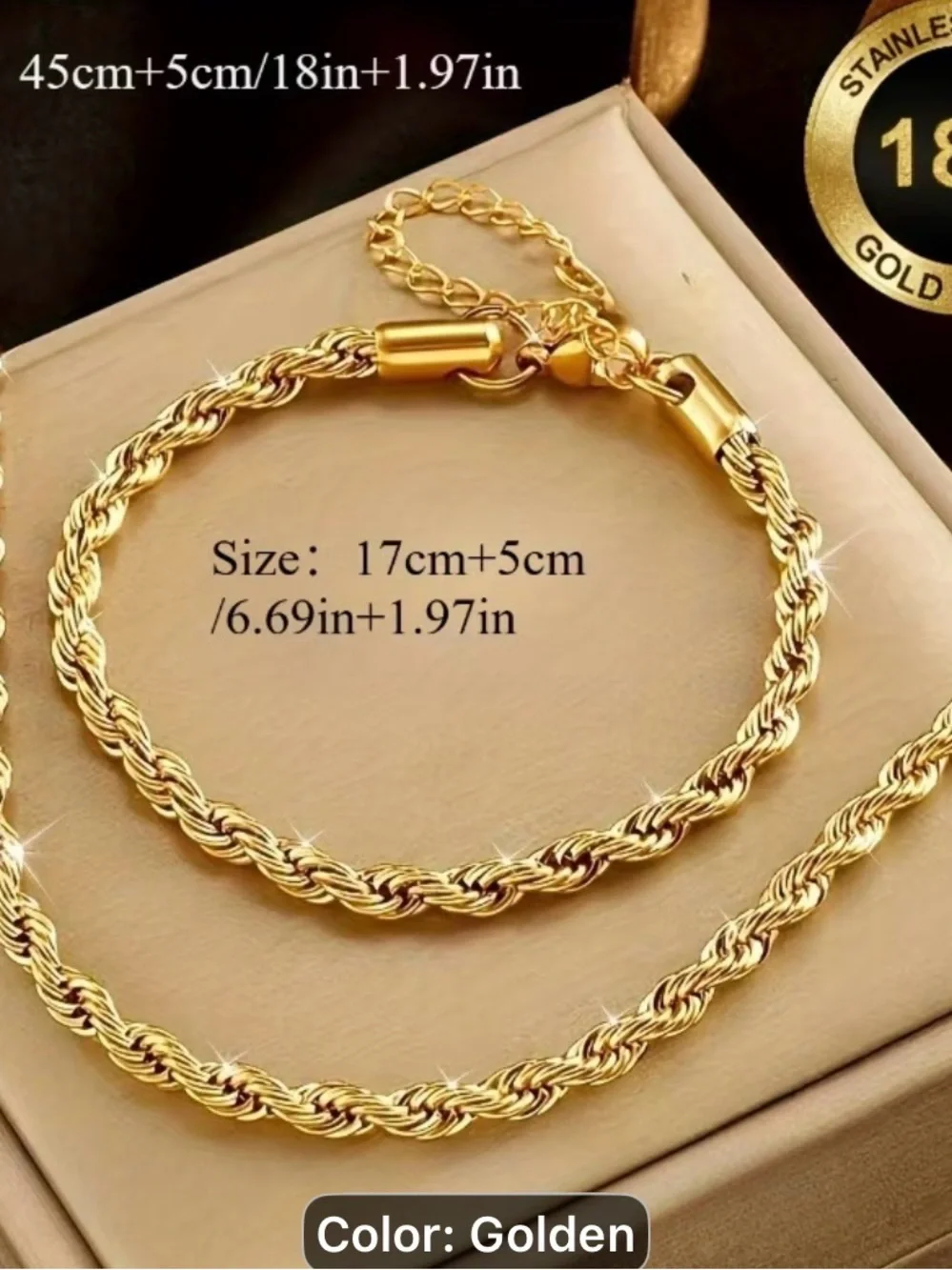 2PCS Men's Golden Rope Chain Necklace and Bracelet Set